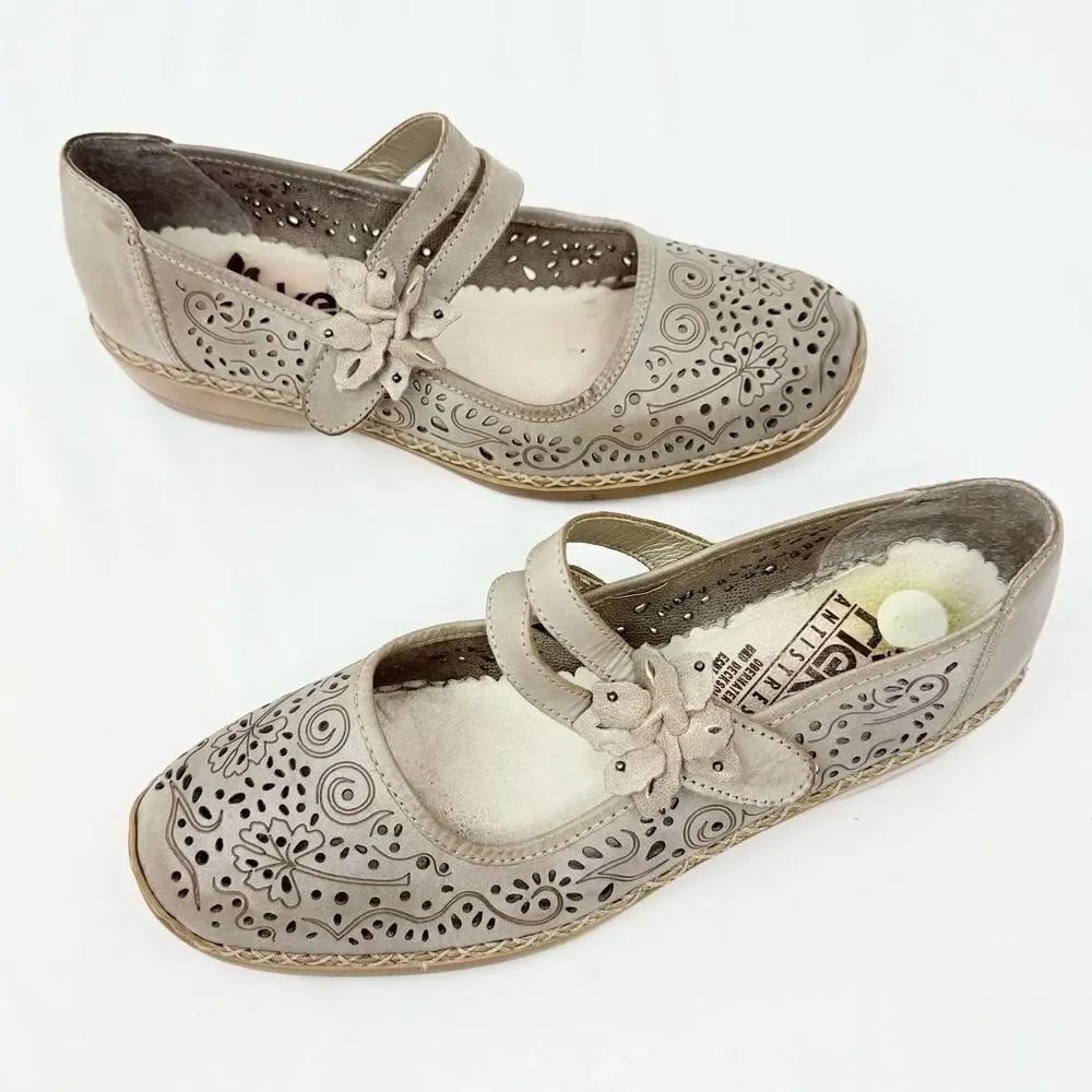 Rieker MIRJAM Taupe Gray Perforated Leather Slip On Mary Jane Shoes